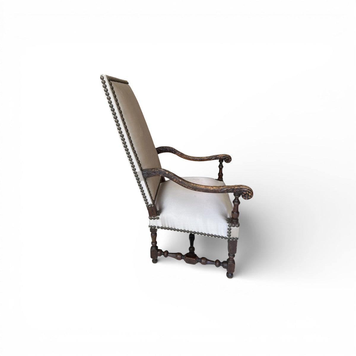 18th Century Louis XIII Style Arm Chair in Taupe Silk