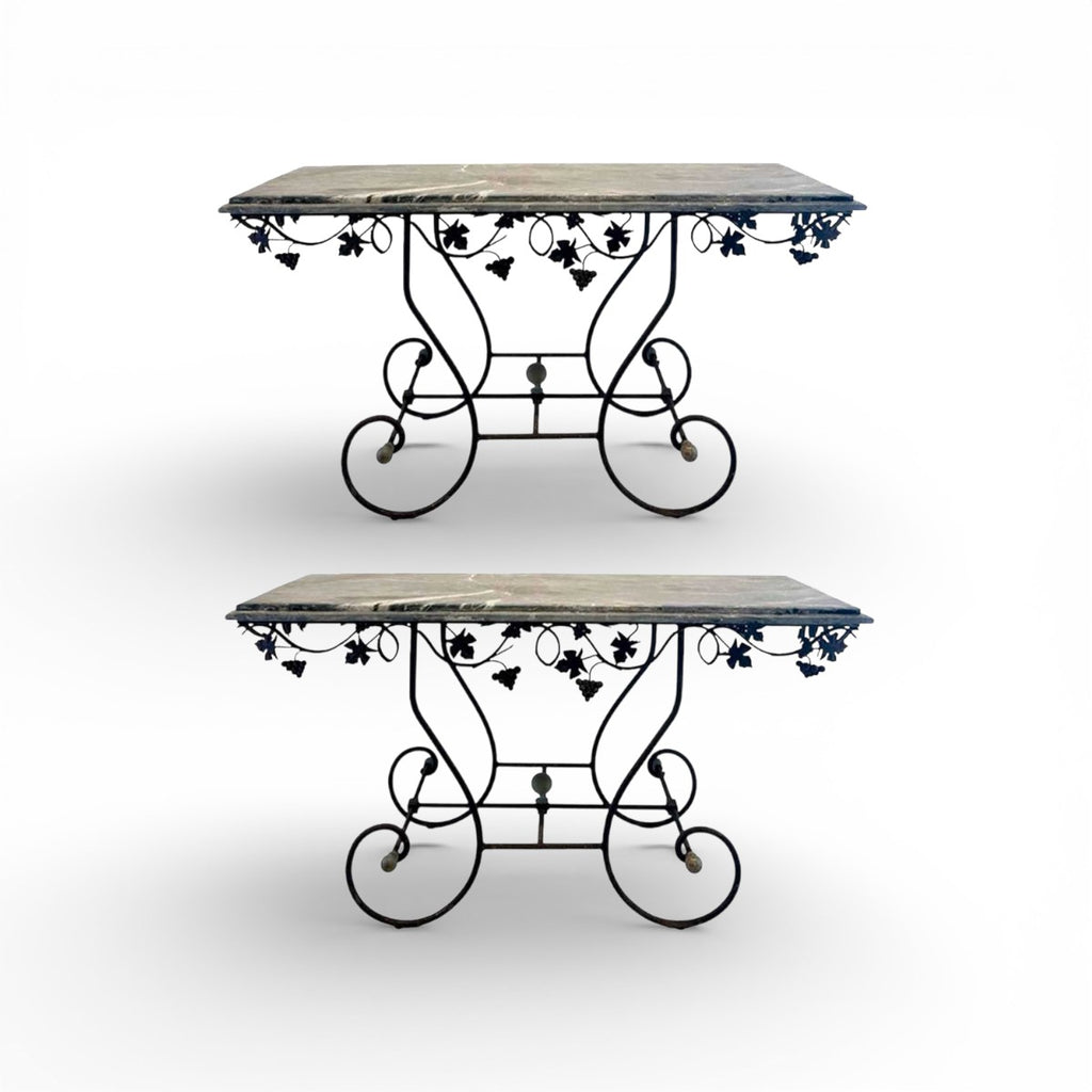 Pair of 19th Century French Marble Top Iron Consoles with Grape Detail