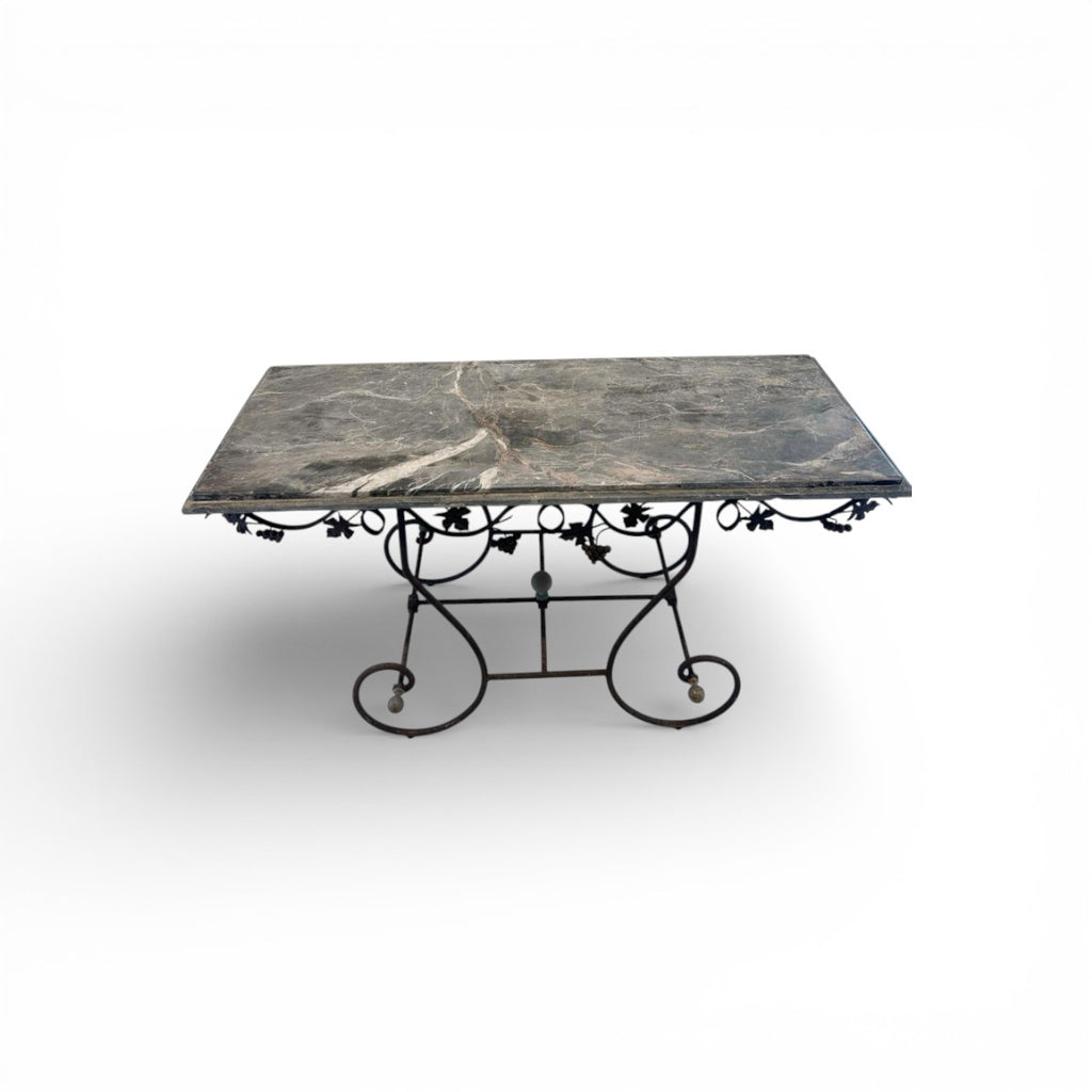 Pair of 19th Century French Marble Top Iron Consoles with Grape Detail