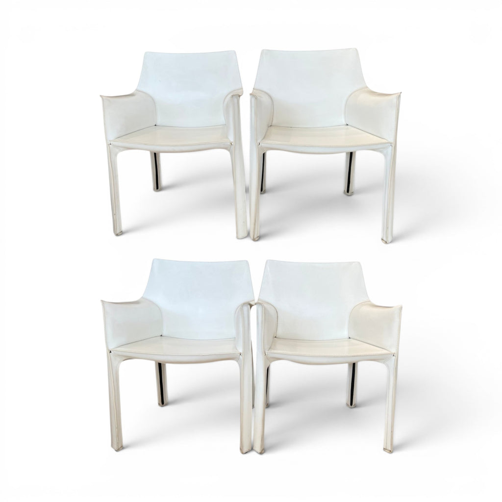 Set of Four White Leather Cab Armchairs by Cassina