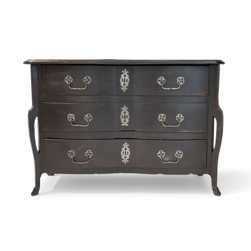 18th Century French Black Antique Chest w/Hoof Feet and Silver Hardware