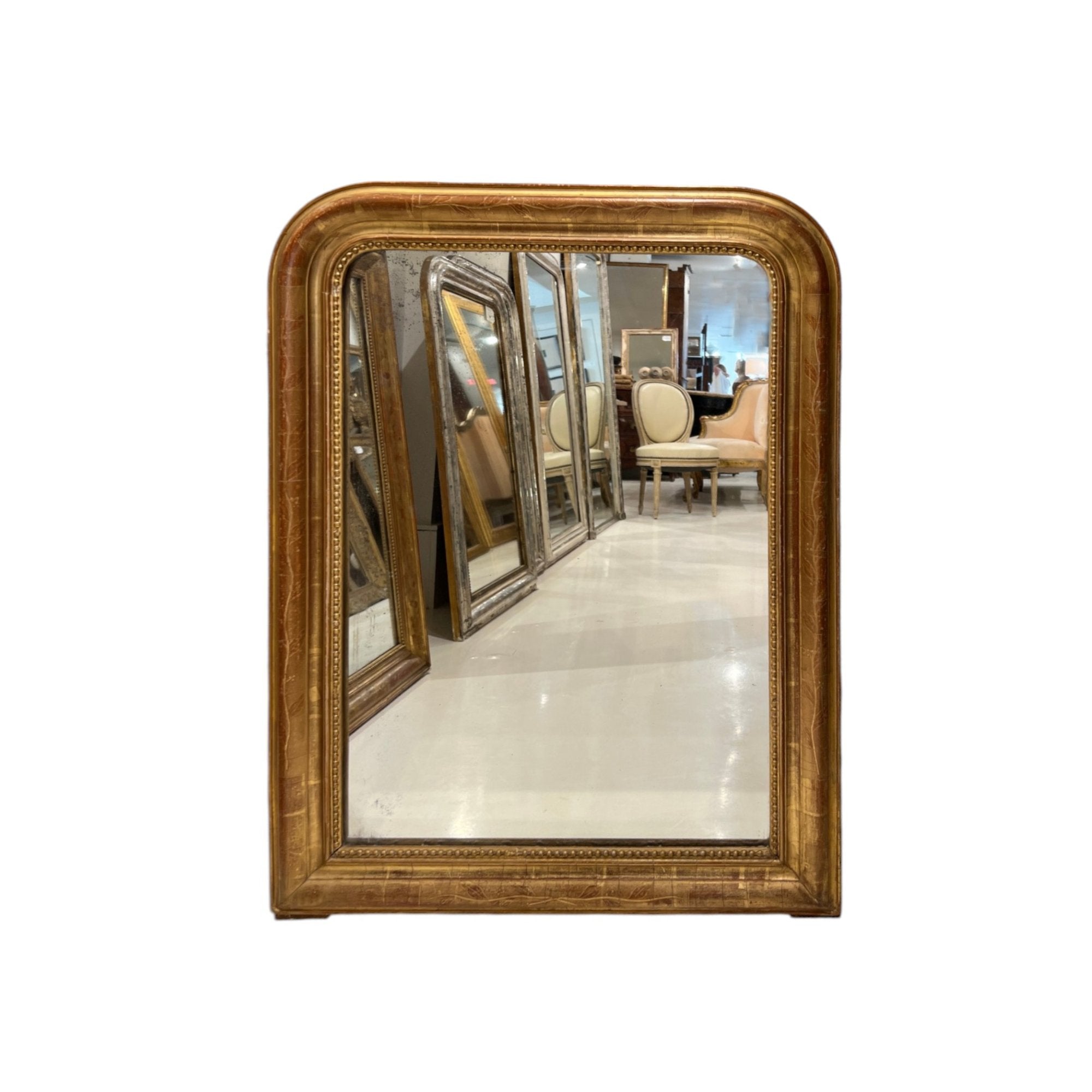 19th Century French Louis Philippe Small Gold Mirror with Flowers