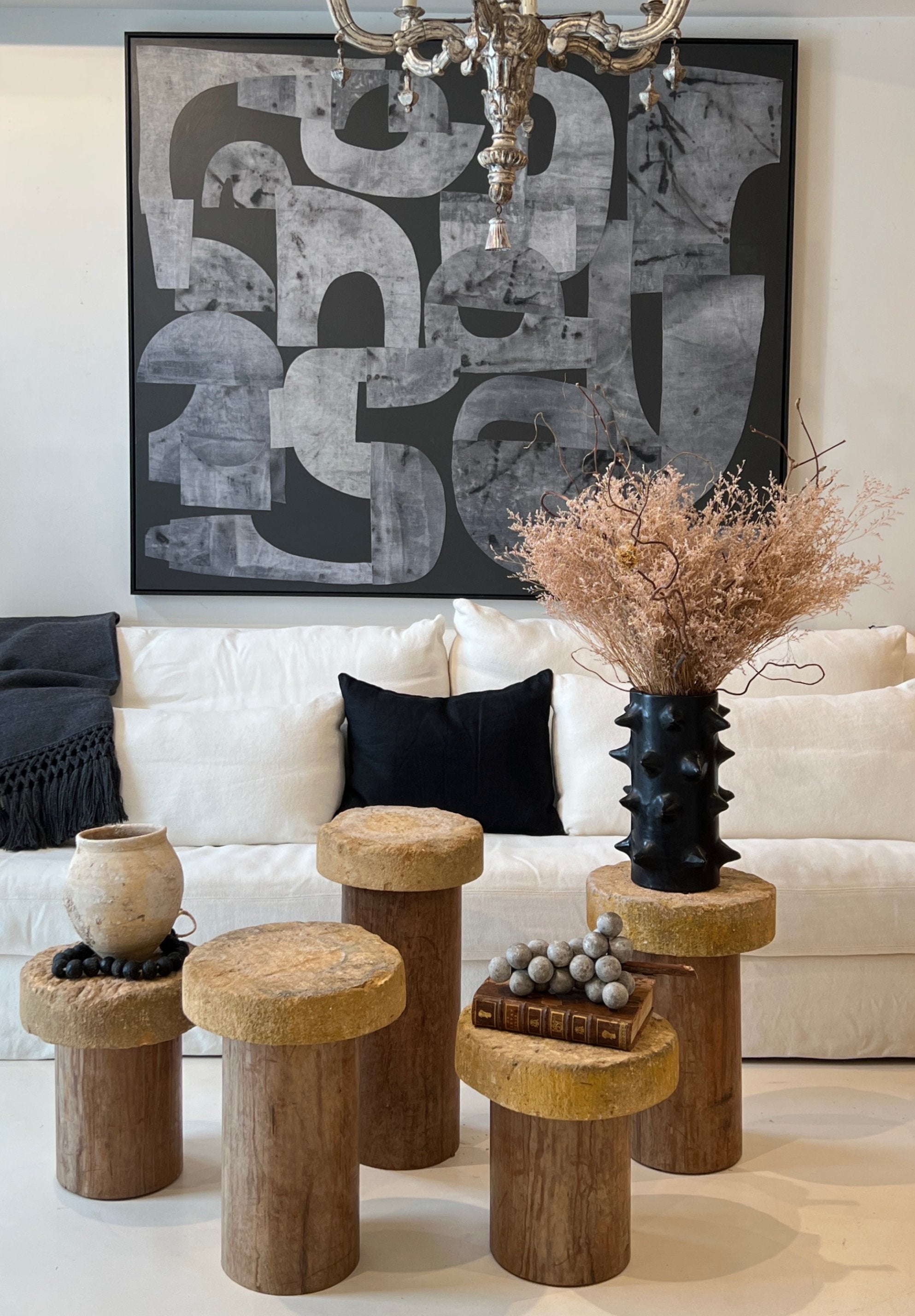 18th Century French Bourgogne Stone Top Tables with Acacia Wood Base - Set of 5