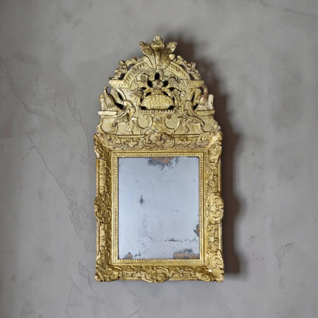 18th Century French Louis XIV Period Mercury Mirror with Carved & Gilded Pediment with Eagles & Flower Basket - Medium