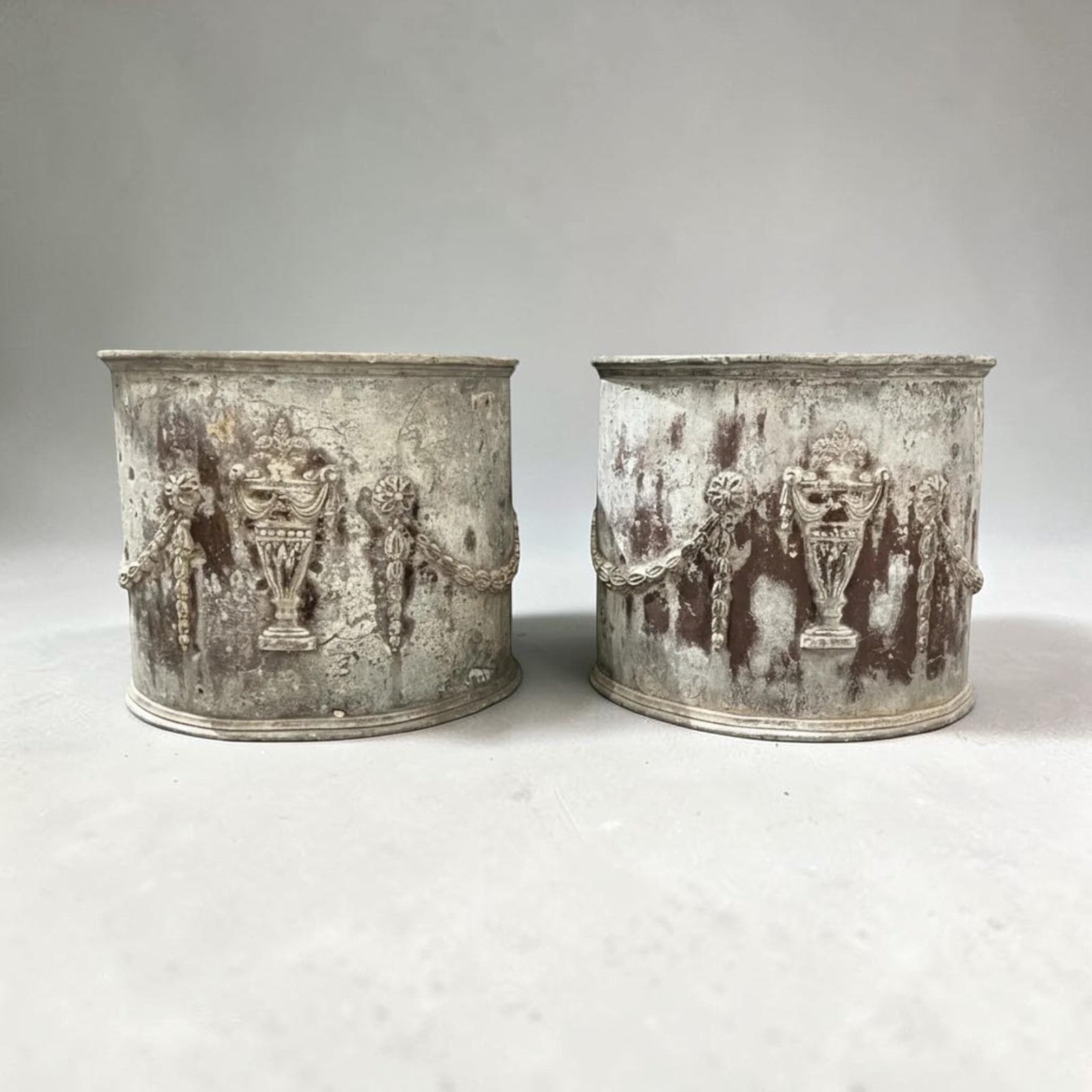 18/19th Century English Pair of Lead Antique Planters w/Amphorae & Garland Relief