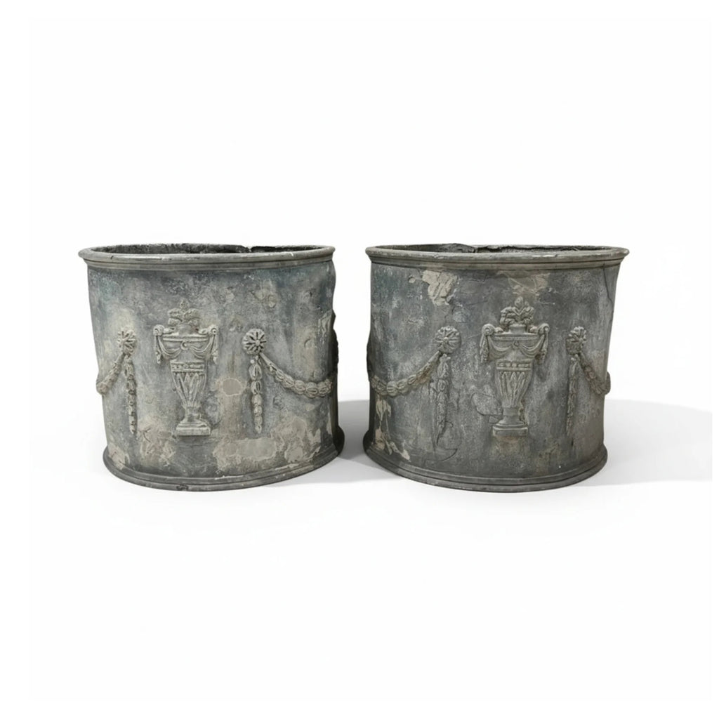 18/19th Century English Pr of Lead Antique Planters w/Amphorae & Garland Relief