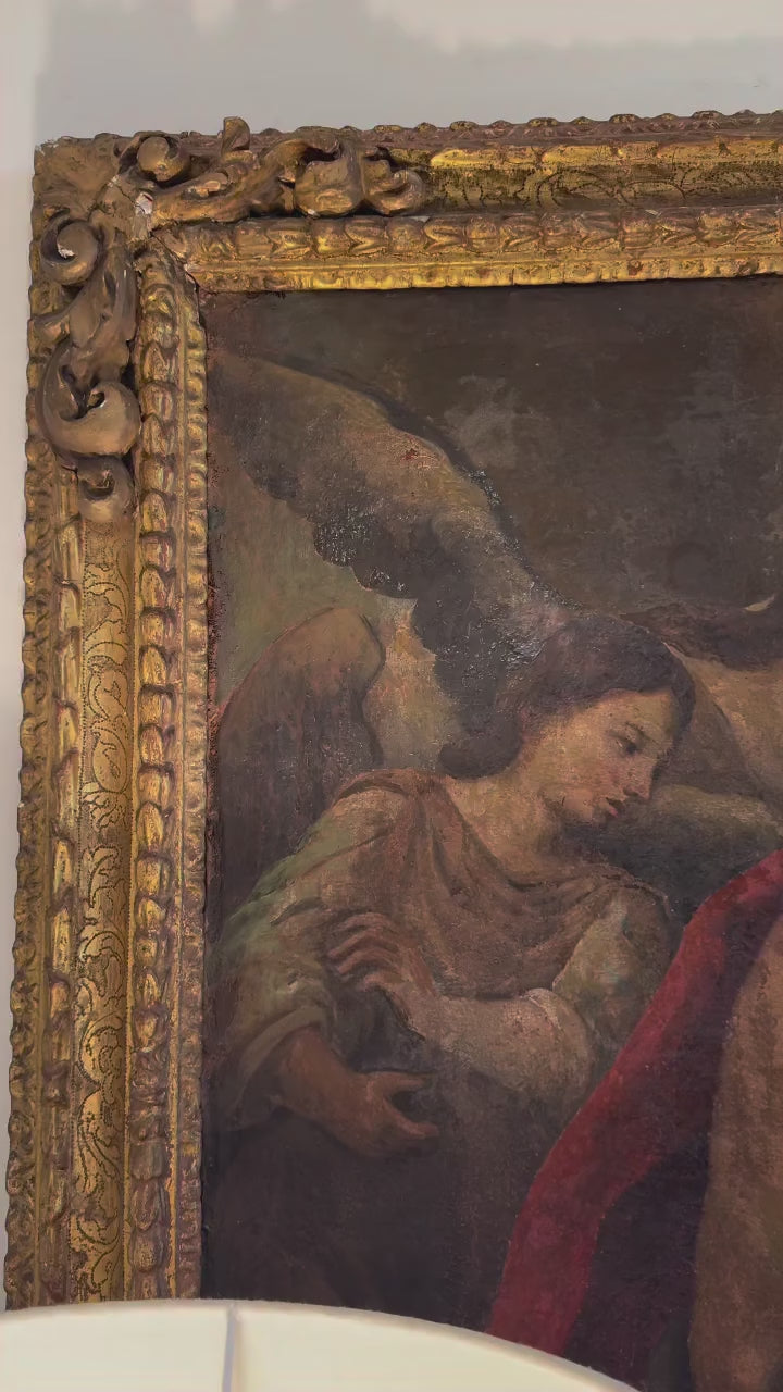 18th Century Italian Antique Painting of John the Baptist & Jesus in Original Frame