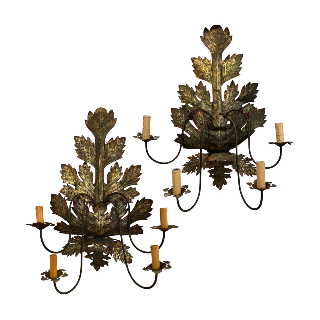 Mid-Century French Tole Leaf Sconces