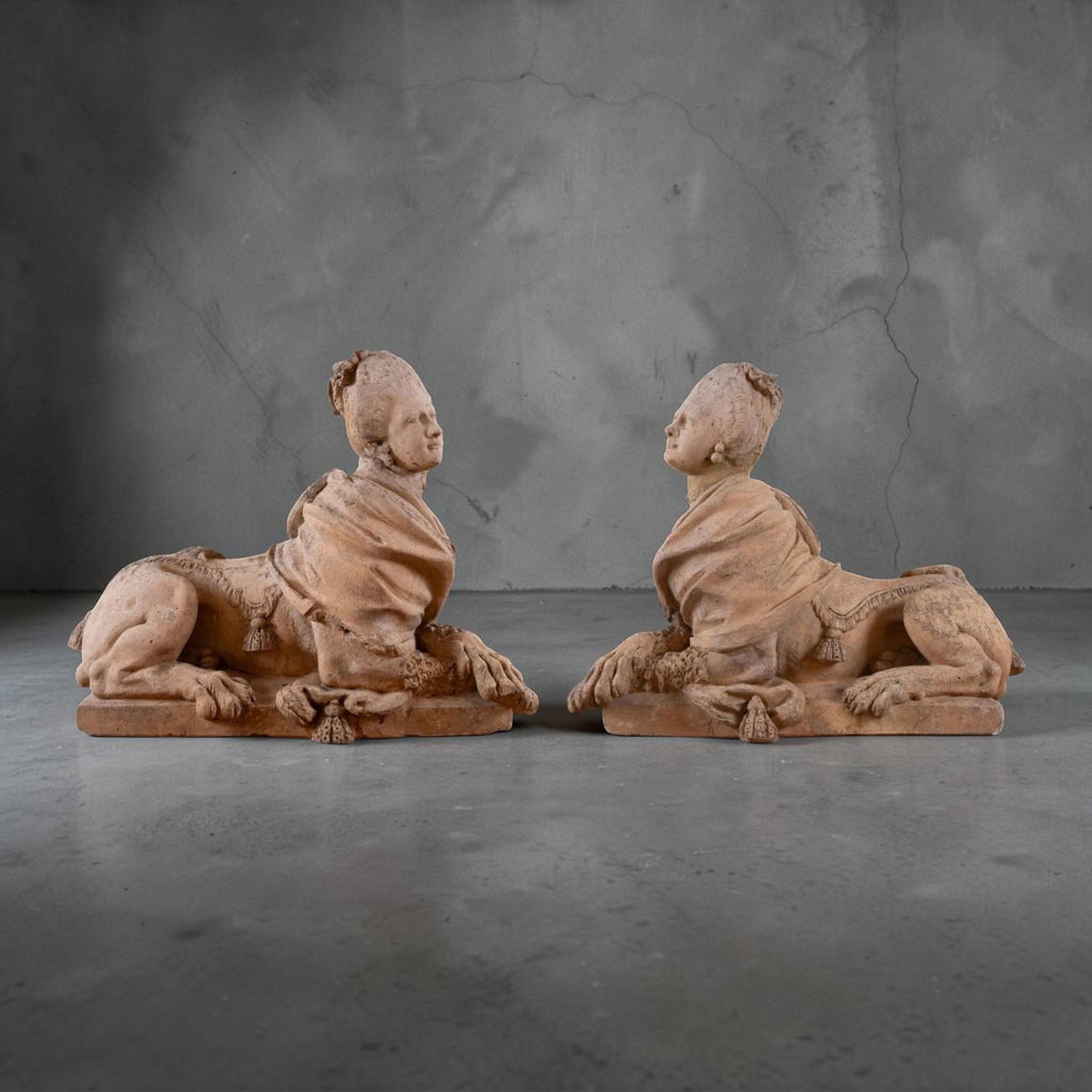 18th Century European Pair of Terracotta Sphinxes