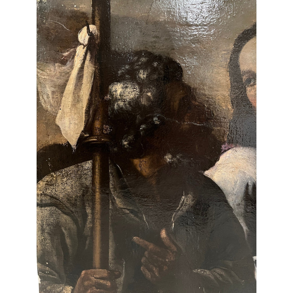 Tara Shaw 17th century Venetian oil painting detail showing a pilgrim holding a staff with dramatic chiaroscuro.