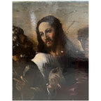 Tara Shaw 17th century Venetian oil painting of Jesus and pilgrims at Emmaus with rich colors and aged patina.