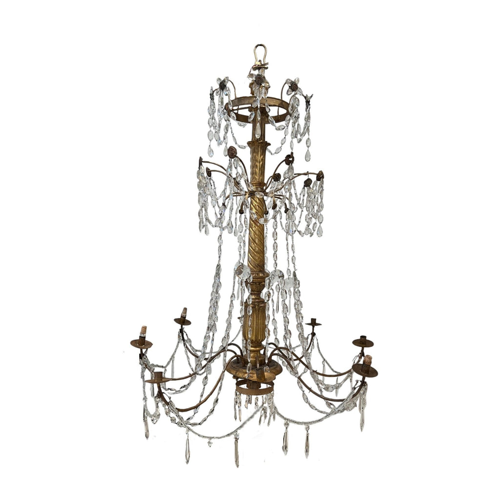 Tara Shaw 18th century Genoese chandelier with aged patina, scrolling arms, and cascading crystal glass accents.