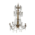 Tara Shaw 18th century Genoese chandelier with aged patina, scrolling arms, and cascading crystal glass accents.