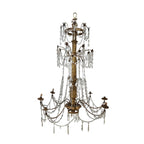 Tara Shaw 18th century Genoese chandelier with aged patina, scrolling arms, and cascading crystal glass accents.