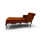 Tara Shaw 18th-century Venetian walnut chaise with carved wood frame and worn rust-colored velvet upholstery.