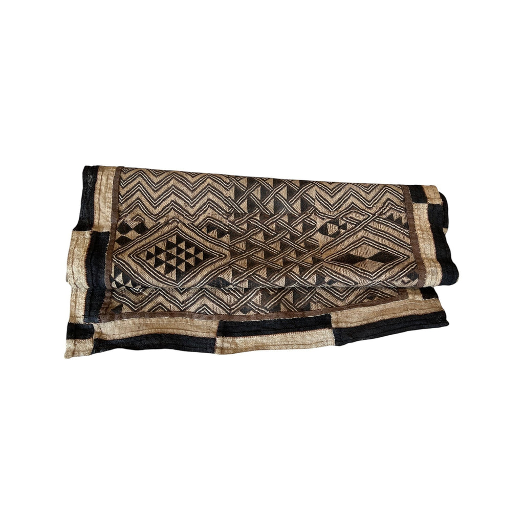 Tara Shaw authentic African Kuba cloth long runner with intricate handwoven geometric patterns in earthy brown tones.