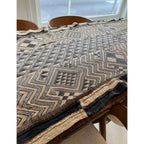 Tara Shaw authentic African Kuba cloth runner with intricate geometric patterns in earthy brown and black tones.