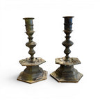 Tara Shaw pair of 19th century Belgian bronze candlesticks with a rich aged patina and ornate hexagonal bases.