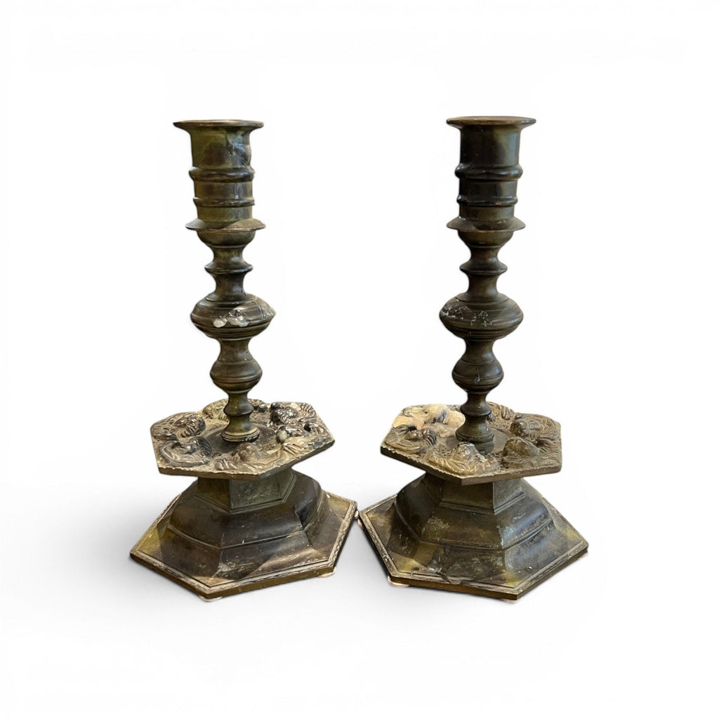 Tara Shaw pair of 19th century Belgian heavy bronze candlesticks with intricate cast details and aged patina