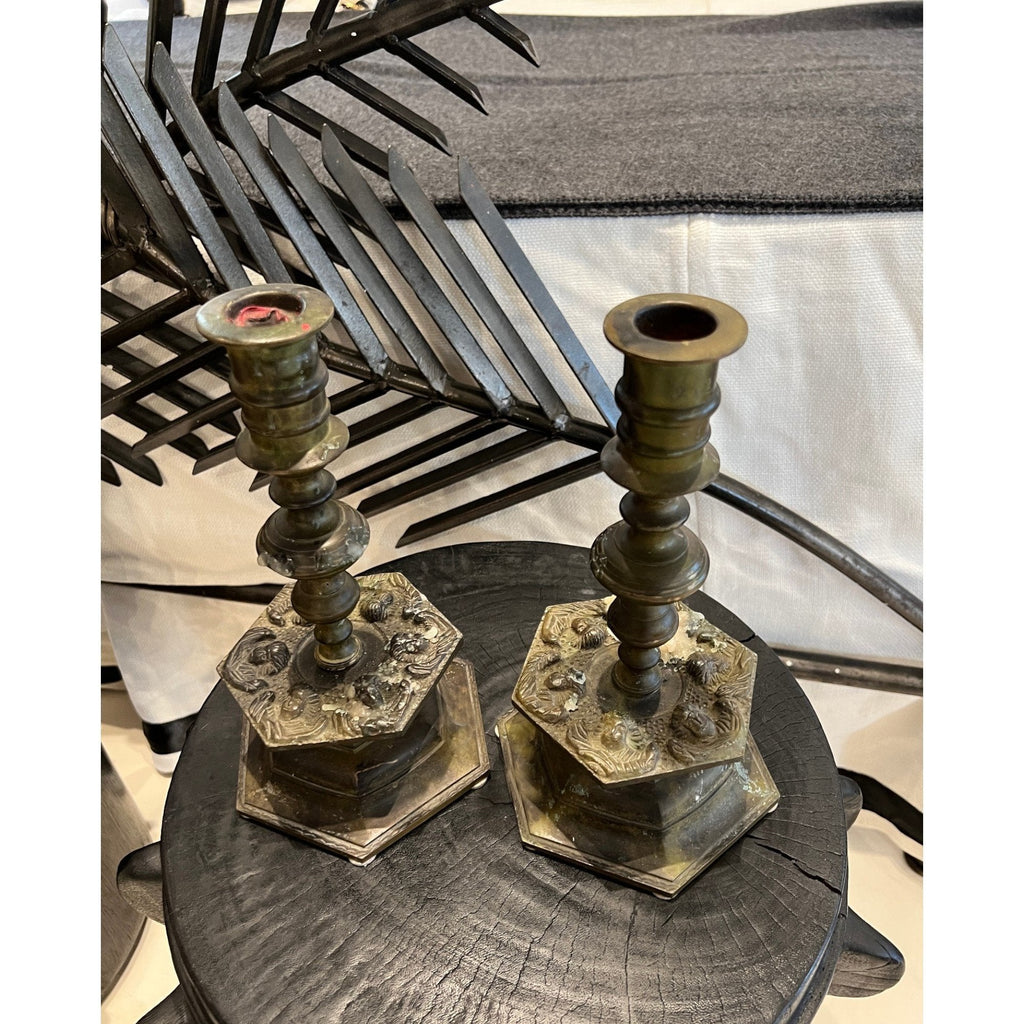 Tara Shaw pair of 19th century Belgian heavy bronze candlesticks with aged patina and ornate hexagonal bases