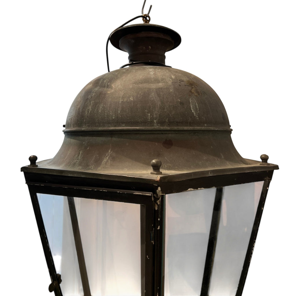 Tara Shaw 19th century French iron and glass lantern with an aged metal finish and classic architectural silhouette.