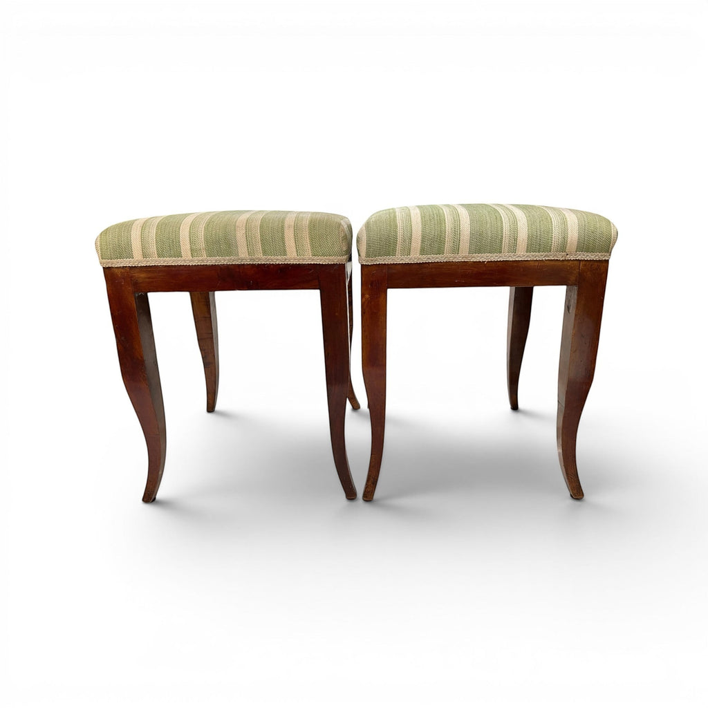 Tara Shaw pair of antique French Directoire walnut stools with green and cream striped upholstered seats