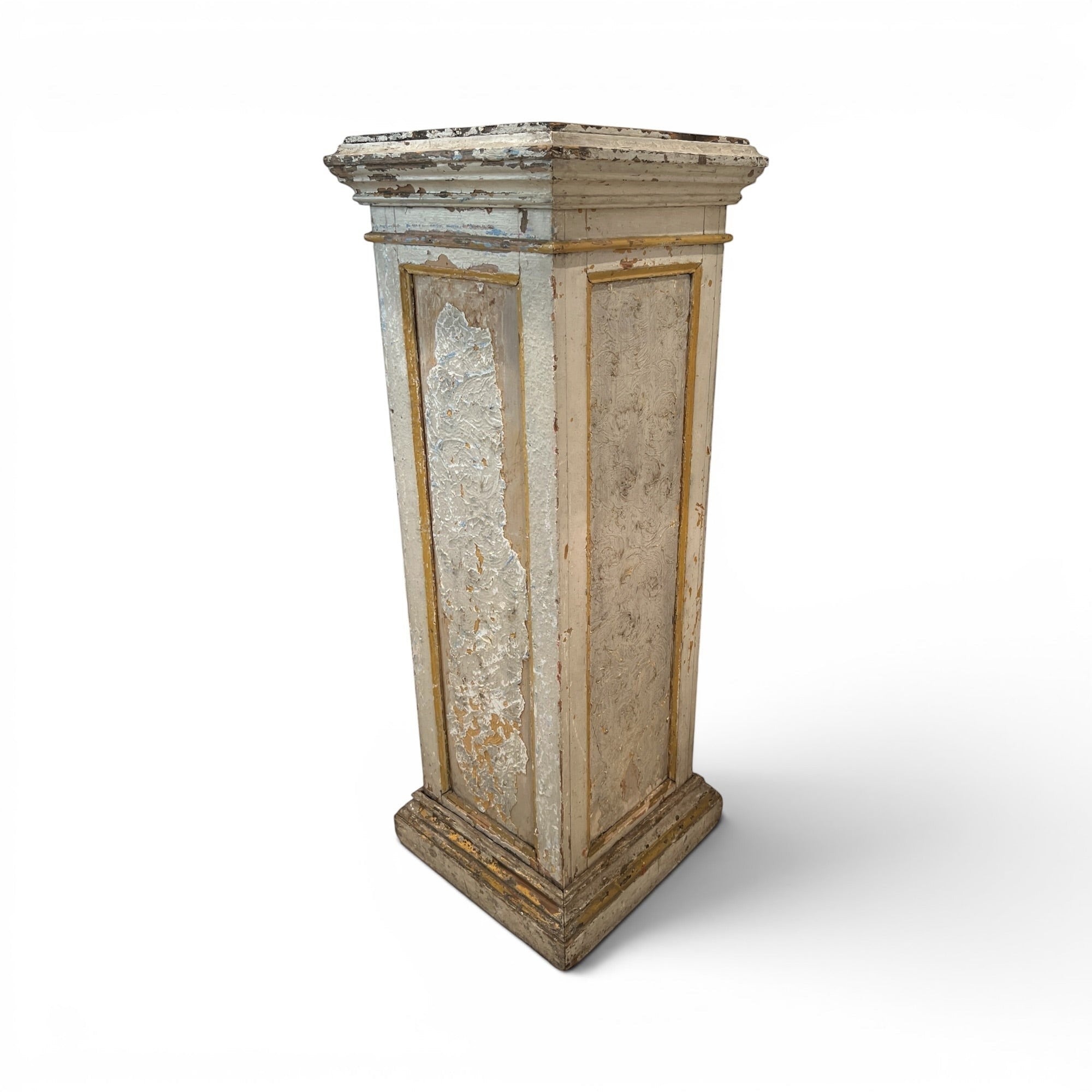 Tara Shaw 19th century French antique wood pedestal with aged white painted finish and decorative gold trim details.