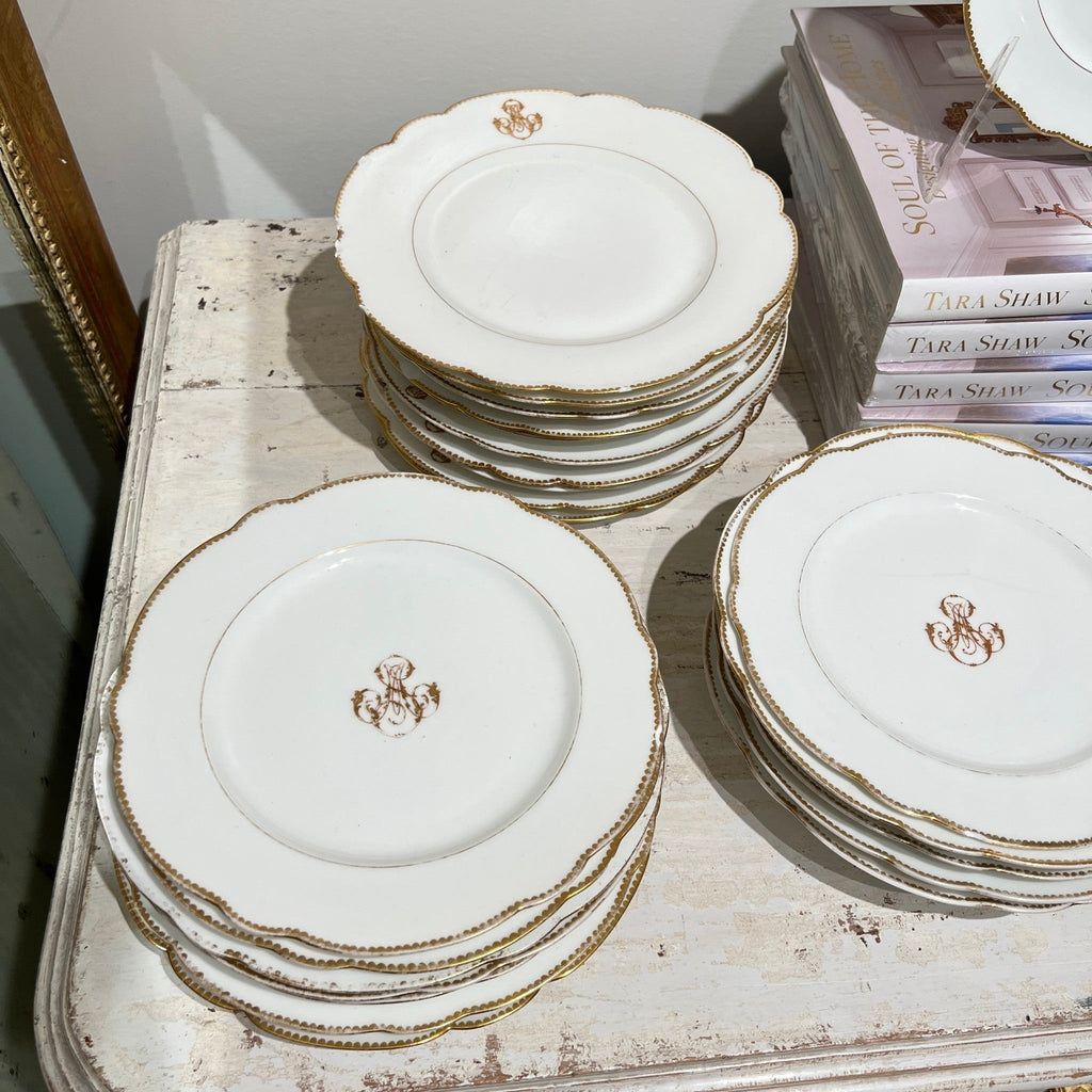 Tara Shaw antique white dessert and salad plates with gold scalloped edges and elegant MS monogram detail