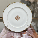 Tara Shaw antique white porcelain dessert plate with gold scalloped rim and elegant MS monogram detail