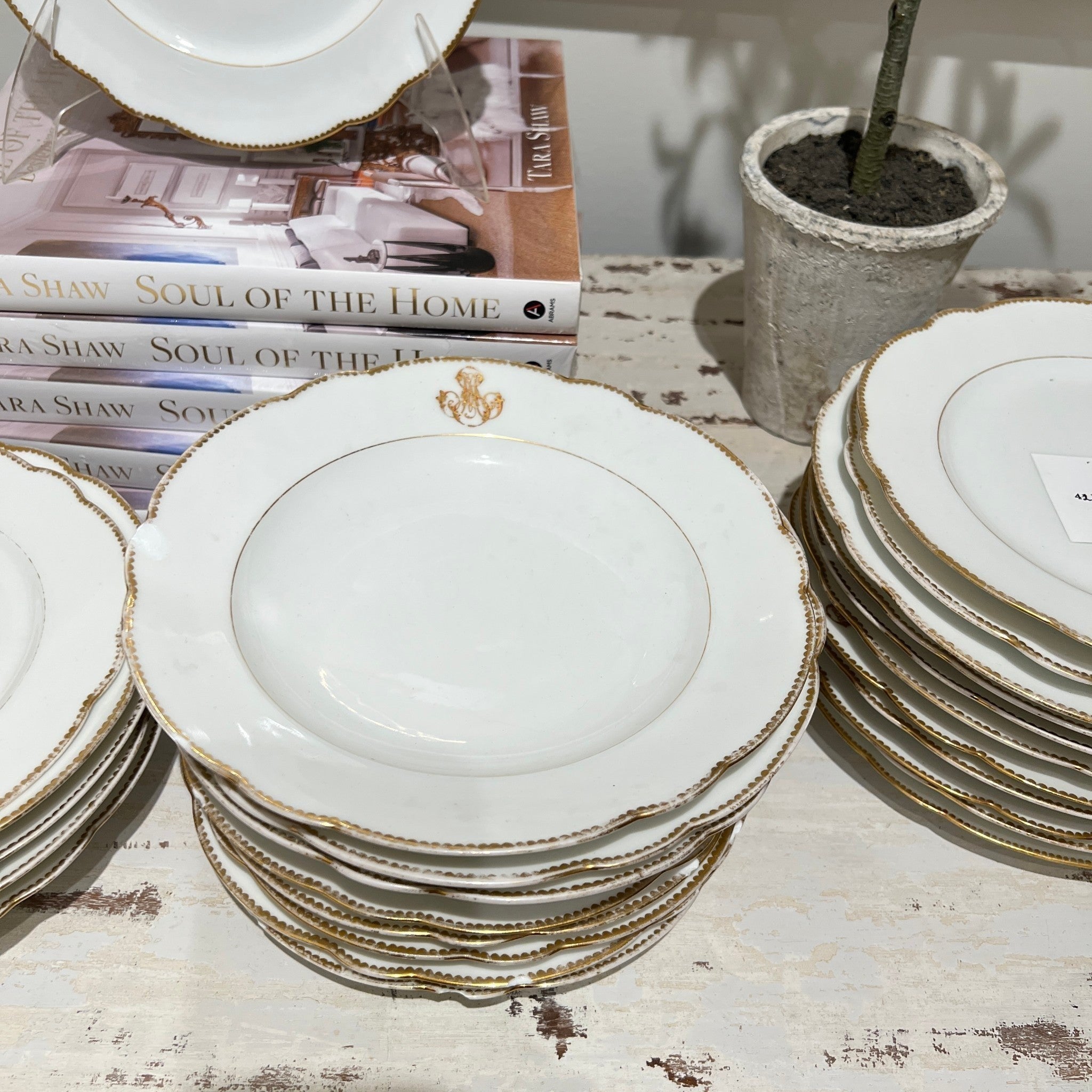 Tara Shaw antique dessert and salad plates with gold scalloped edges and an elegant MS monogram detail.