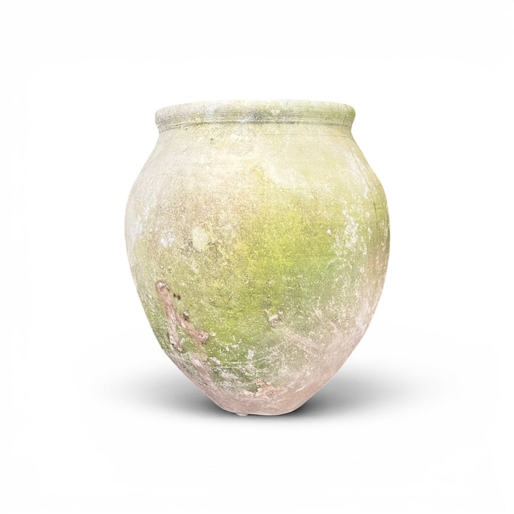 Tara Shaw 18th century Spanish pottery jar with rustic green and beige timeworn patina and handcrafted texture