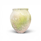 Tara Shaw 18th century Spanish pottery jar with rustic green and beige timeworn patina and handcrafted texture