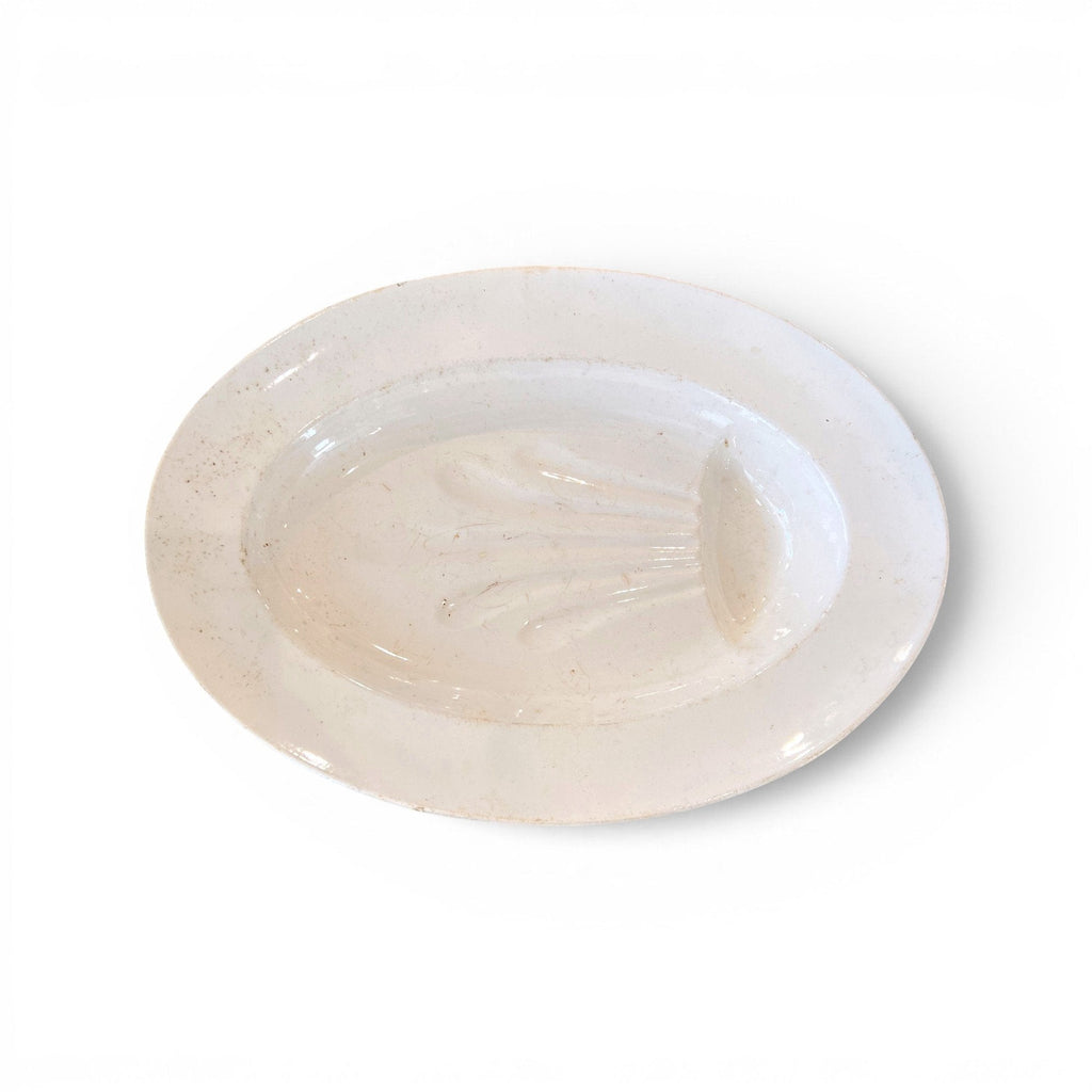 Tara Shaw 19th century antique white ironstone platter with oval shape and subtle embossed shell detailing