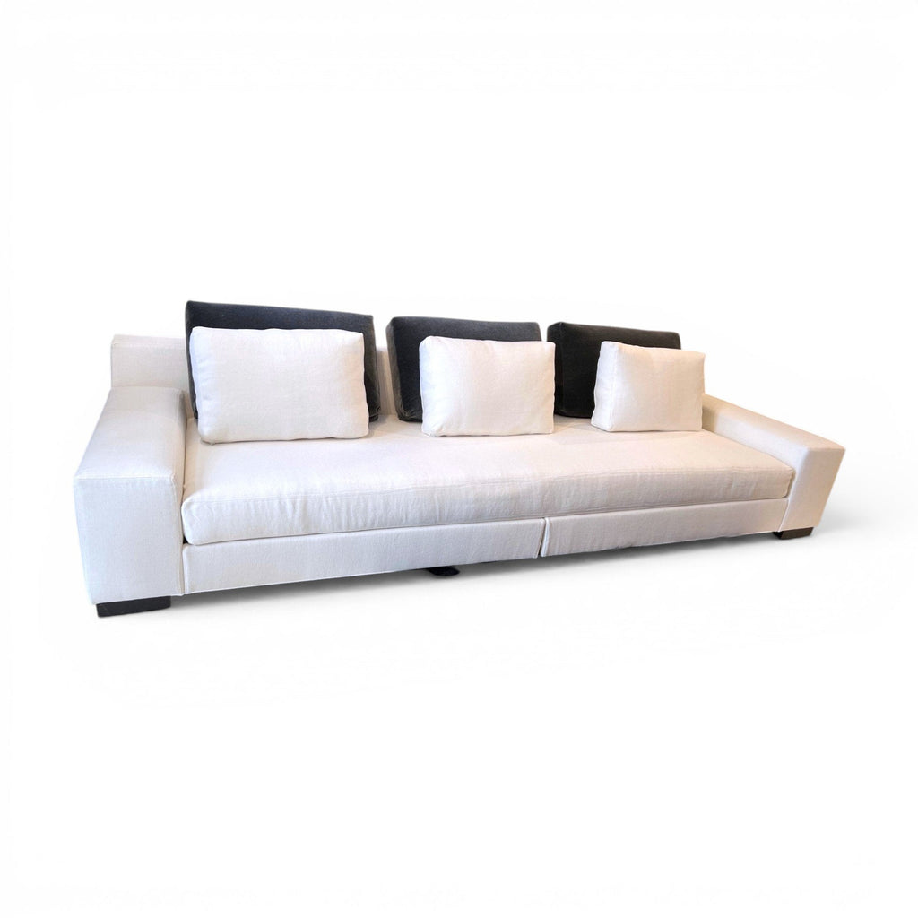 Tara Shaw Christian Liaigre Augustin sofa in oyster Belgium linen with contrasting charcoal mohair back pillows.