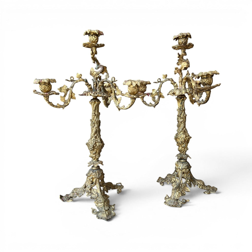 Tara Shaw pair of early 20th-century bronze candelabras with ornate sculptural leaf detailing and aged patina.
