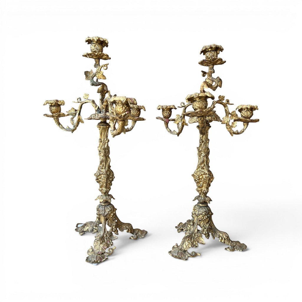 Tara Shaw pair of early 20th-century bronze candelabras with ornate sculptural detailing and a rich aged patina.