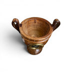 Tara Shaw early 20th century European wooden urn with intricate marquetry inlay and decorative metal medallion detail.