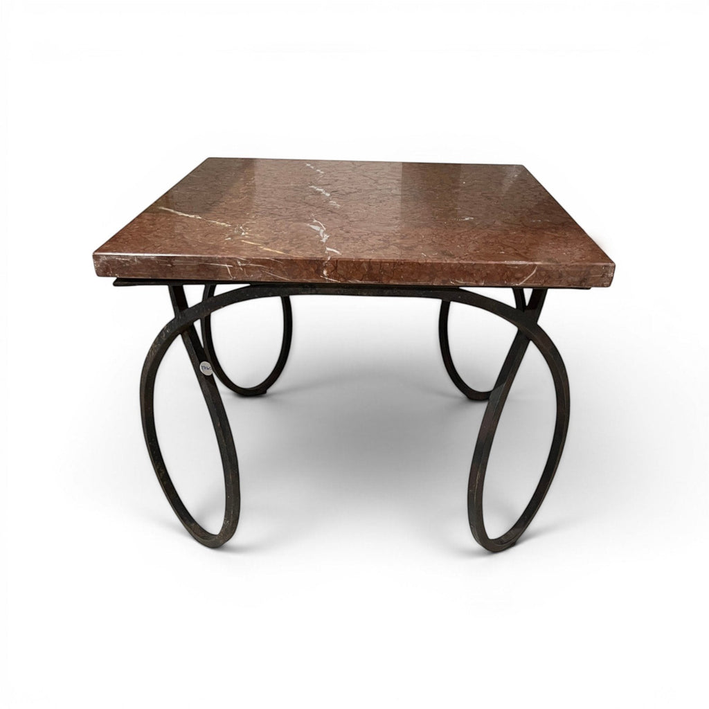 Tara Shaw early 20th-century French coffee table with a square red veined marble top and sculptural metal curly base.
