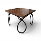 Tara Shaw early 20th-century French coffee table with a square brown marble top and sculptural curly metal base.