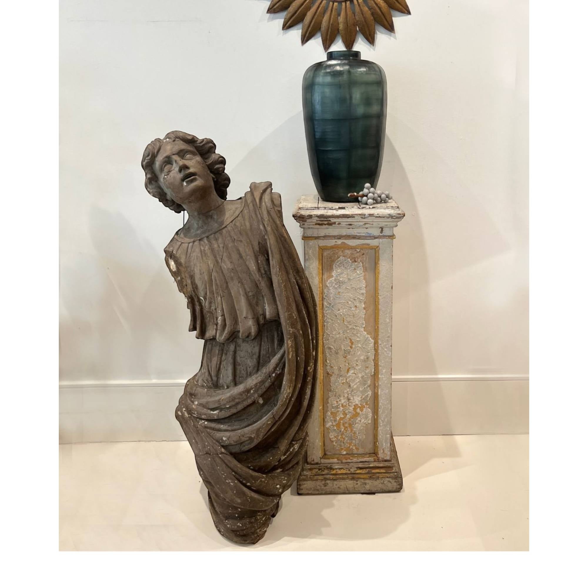 Tara Shaw 19th century French painted wood pedestal with aged finish and patina, displayed with a carved sculpture.