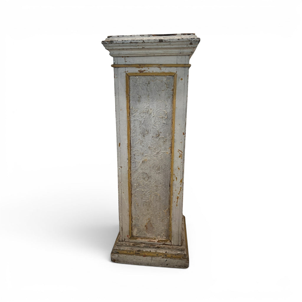 Tara Shaw 19th century French painted wood pedestal with aged finish, gold accents, and ornate textured panels.