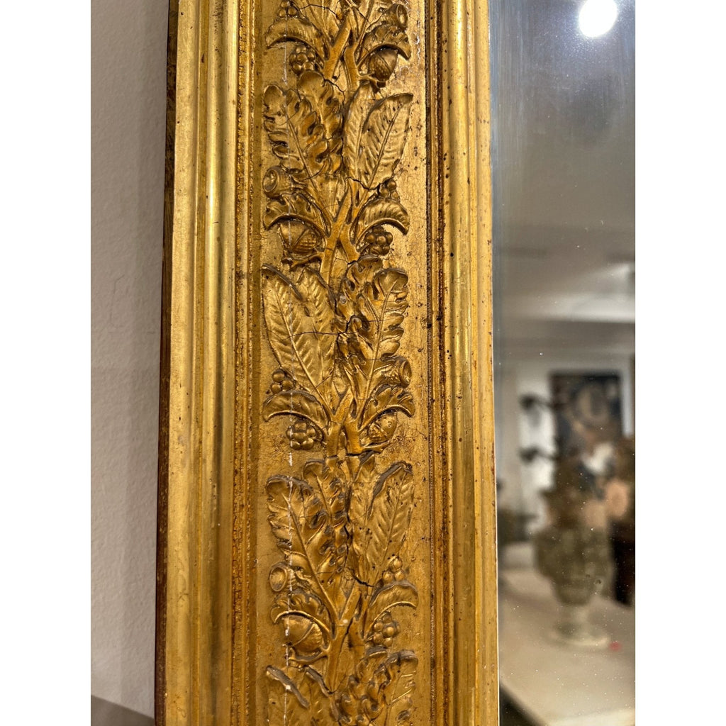 Tara Shaw 19th century French Restauration period mirror with ornate gold leaf carved frame and aged patina detail