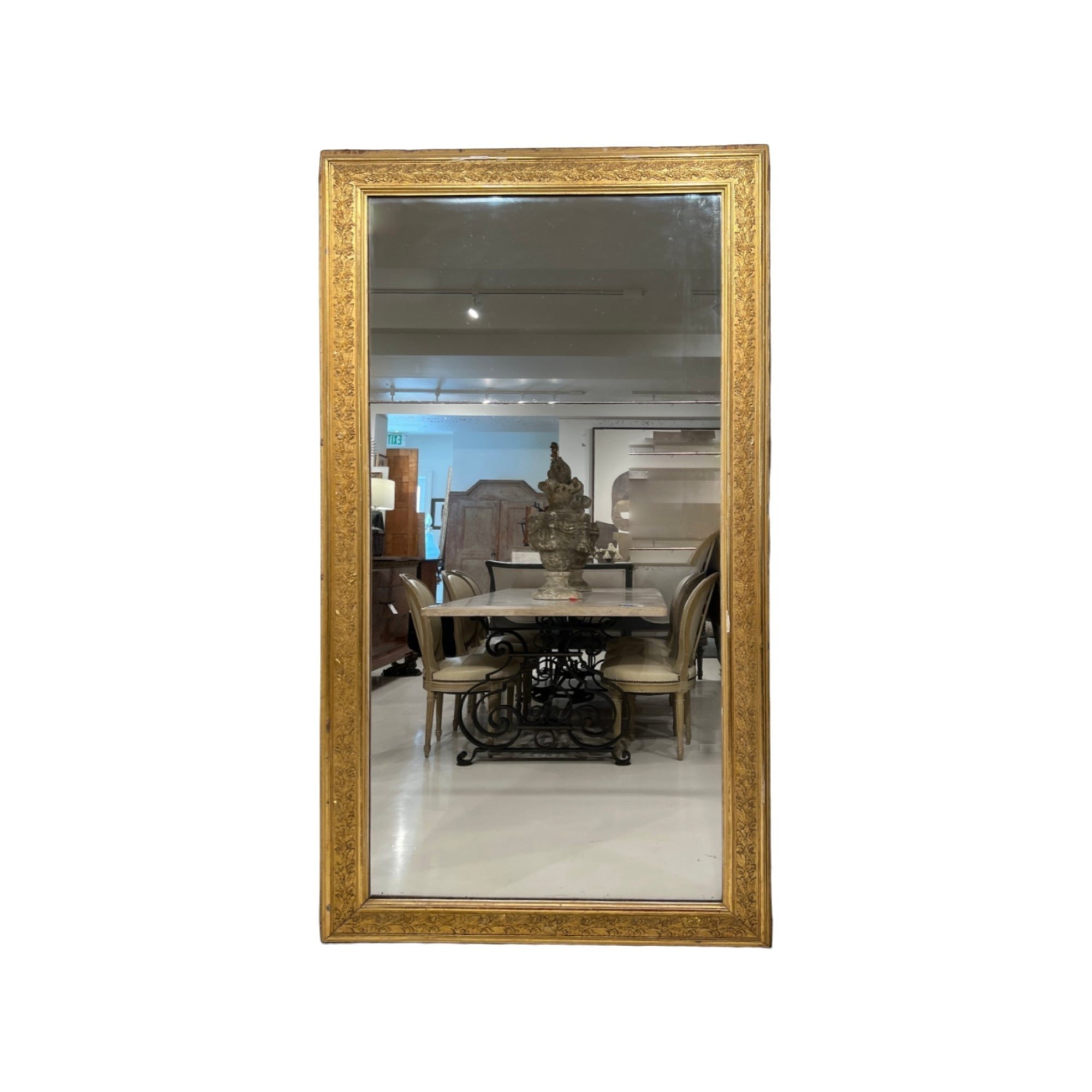 Tara Shaw 19th-century French Restoration period floor mirror with an ornate, aged gold-gilt frame.