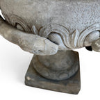 Tara Shaw 19th-century French stone Pot a Feu urn with detailed carved scrollwork and aged grey patina.