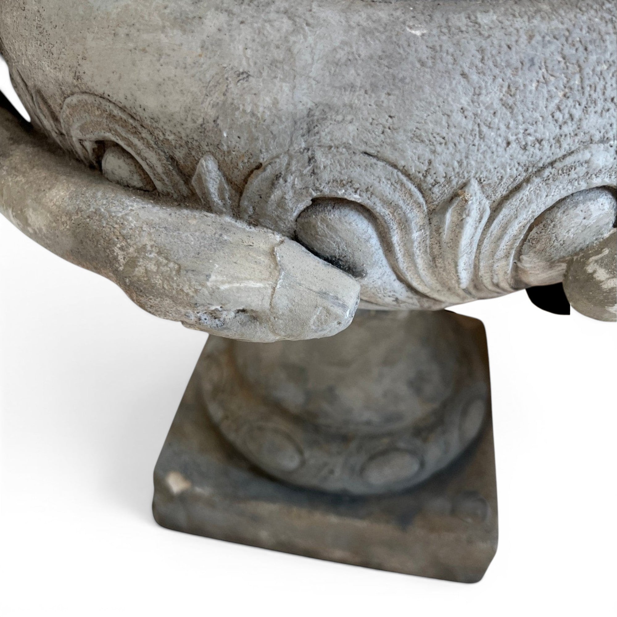 Tara Shaw 19th-century French stone Pot a Feu urn with detailed carved scrollwork and aged grey patina.