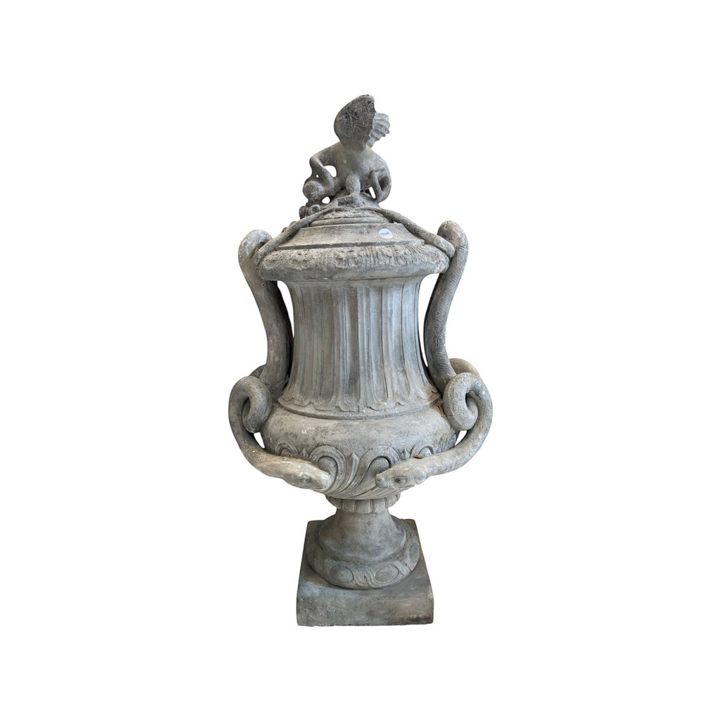Tara Shaw 19th-century French stone Pot a Feu urn with aged patina and sculptural snake handles on a square base