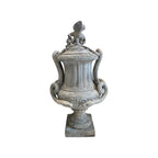 Tara Shaw 19th-century French stone Pot a Feu urn with aged patina and sculptural snake handles on a square base