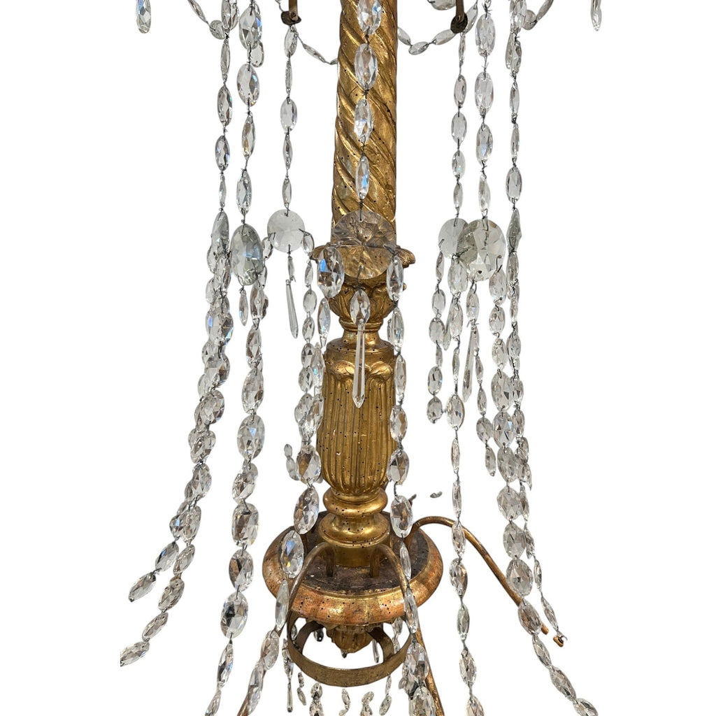 Tara Shaw 18th century Genoese chandelier with gold gilded carved wood center column and cascading crystal drops