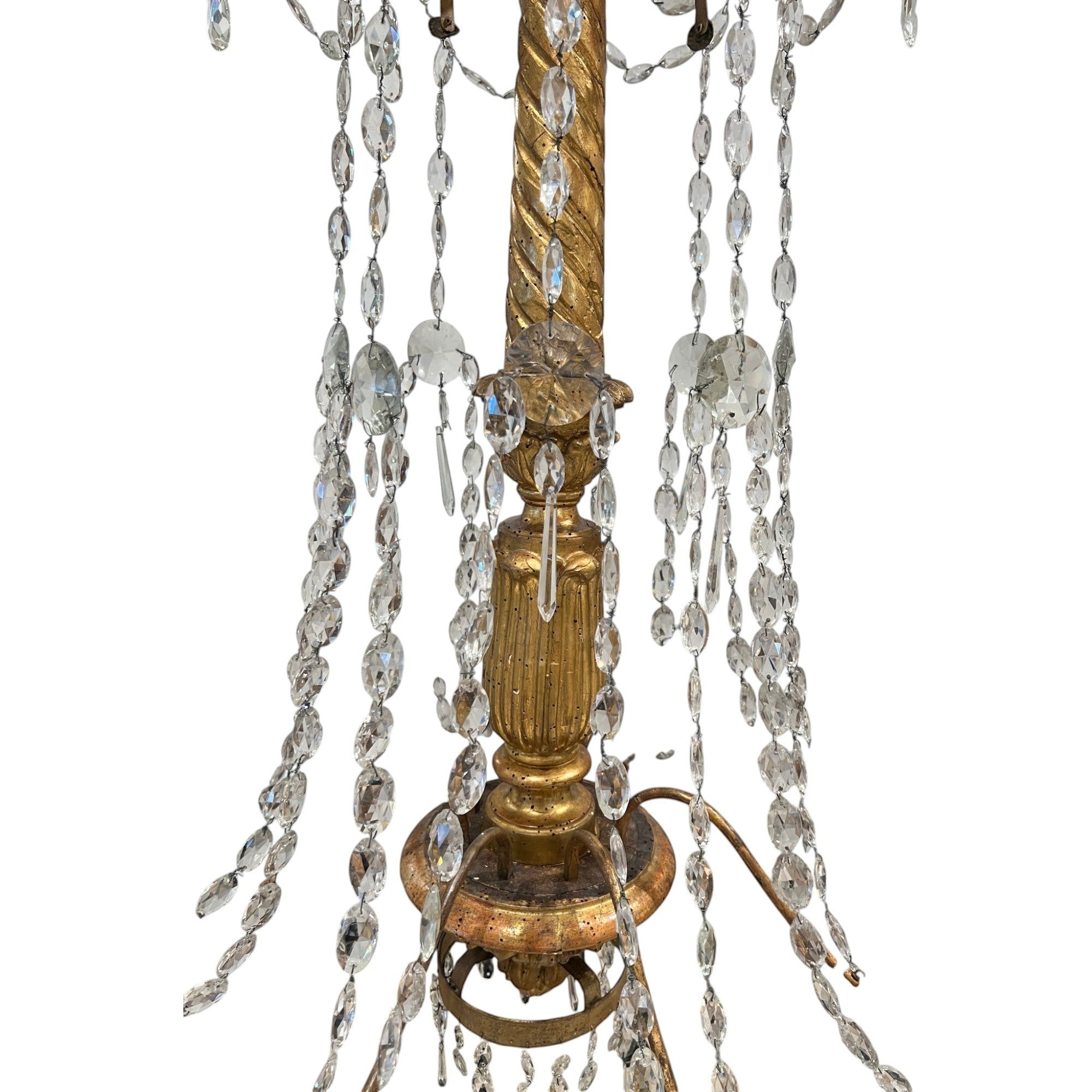 Tara Shaw 18th century Genoese chandelier with gold gilded carved wood center column and cascading crystal drops
