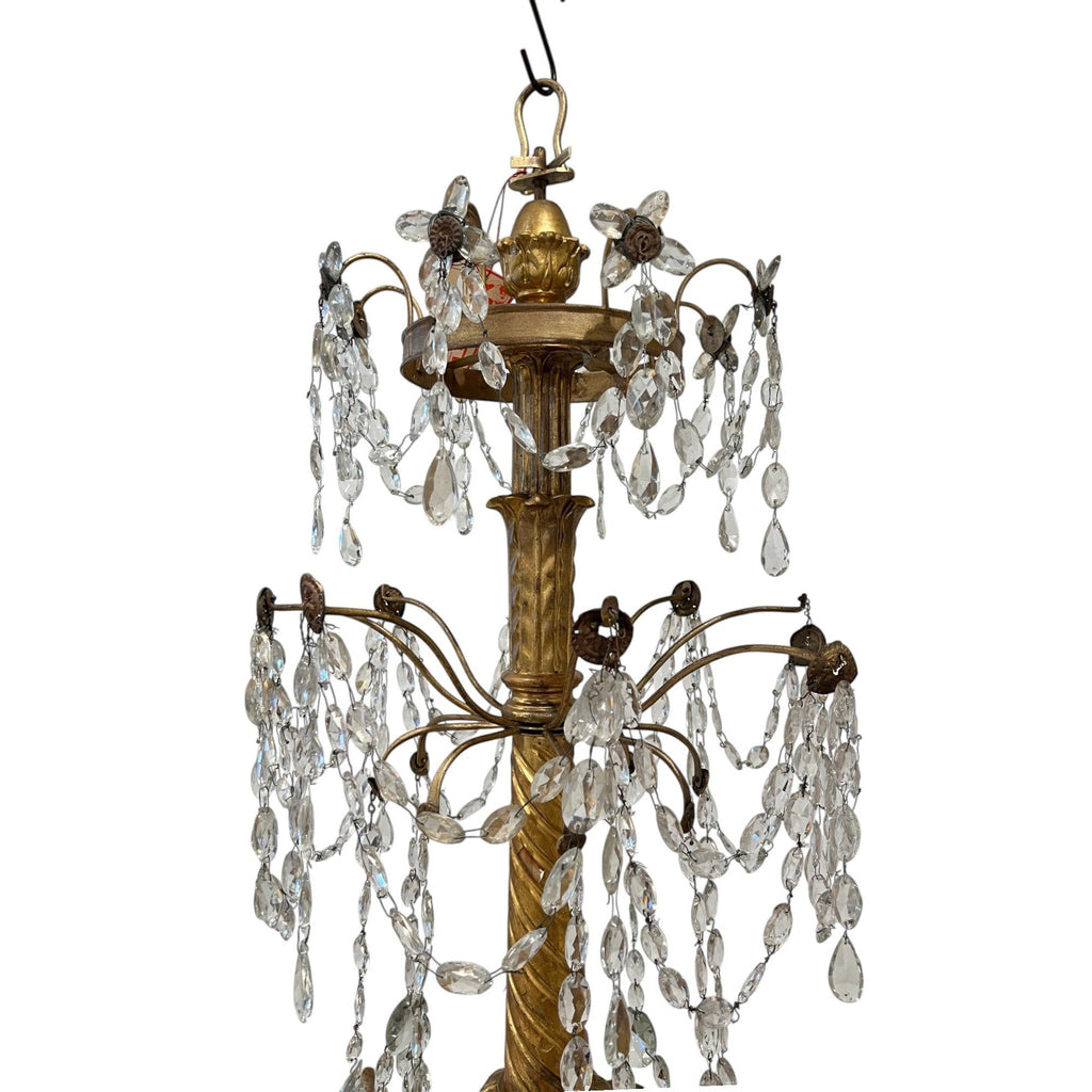 Tara Shaw 18th century Genoese chandelier with aged gold patina, scrolling arms, and cascading crystal teardrops.